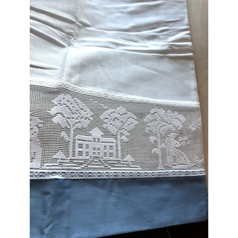 Vintage 1980s Curtain Tier Pair Lace White Blue New 52
